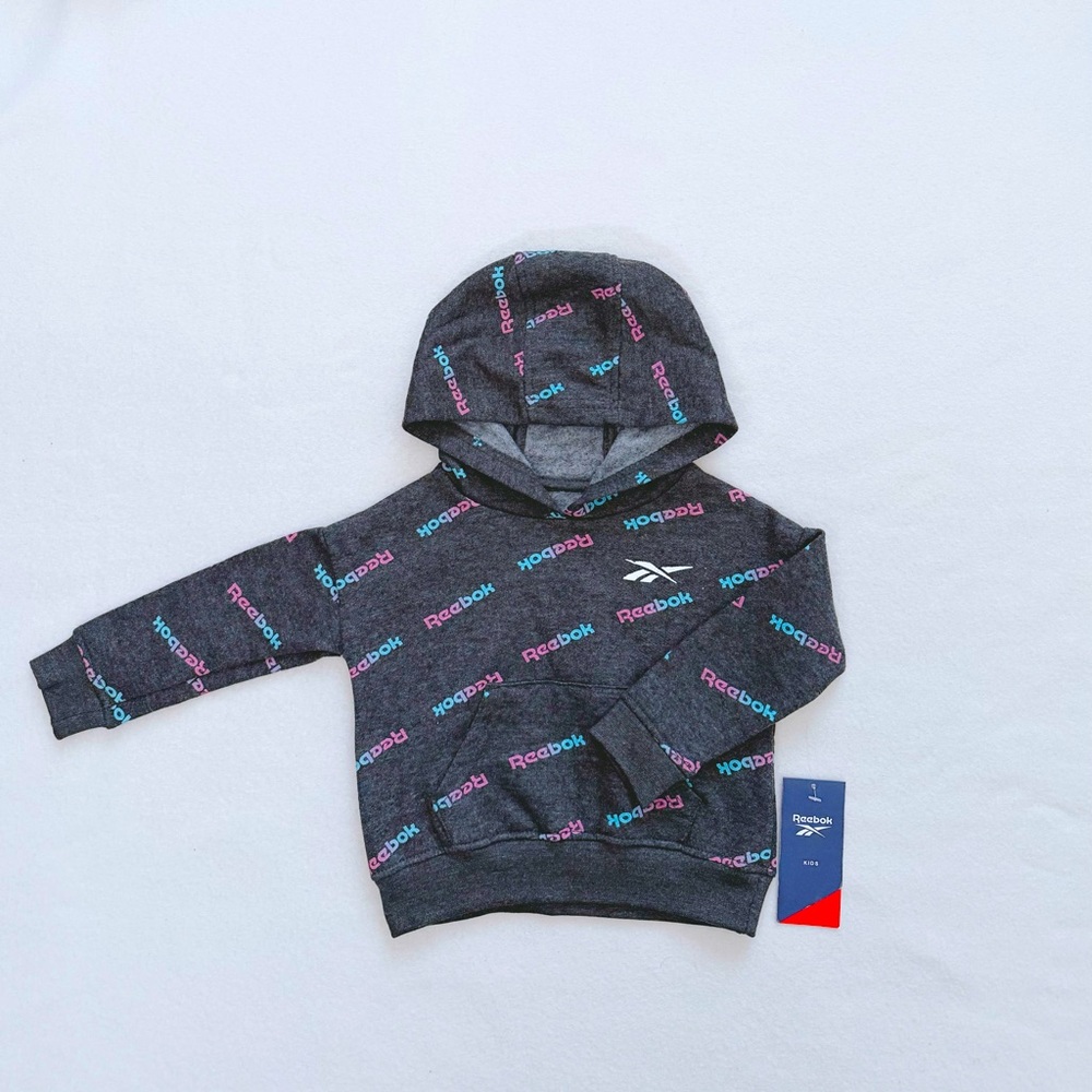 3/$25 Reebok Baby Girl Fleece Pullover Hoodie Grey Blue Pink Kangaroo Pocket 9M